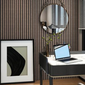 PANNEAU ACOUSTIQUE DECORATIF MURAL CELESTE EN MDF PET FINITION WALNUT SUR FOND NOIR - DINACHOC - 520X18X2400mm 