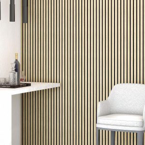 PANNEAU ACOUSTIQUE DECORATIF MURAL DES BRISES EN MDF PET FINITION CHENE CLAIR SUR FOND NOIR - DINACHOC - 520X18X2400mm